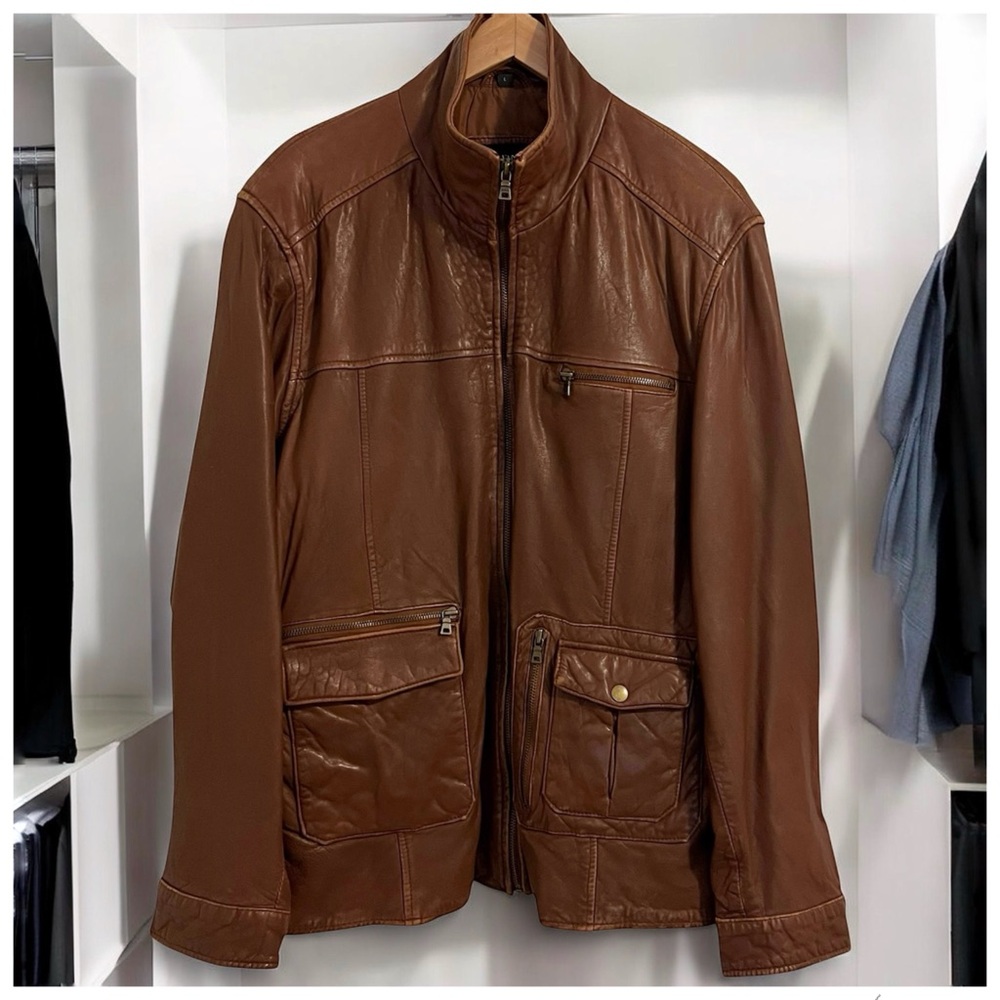 Vintage Leather Jacket Field Utility Brown Stand Collar Men’s Large Quiet Luxury